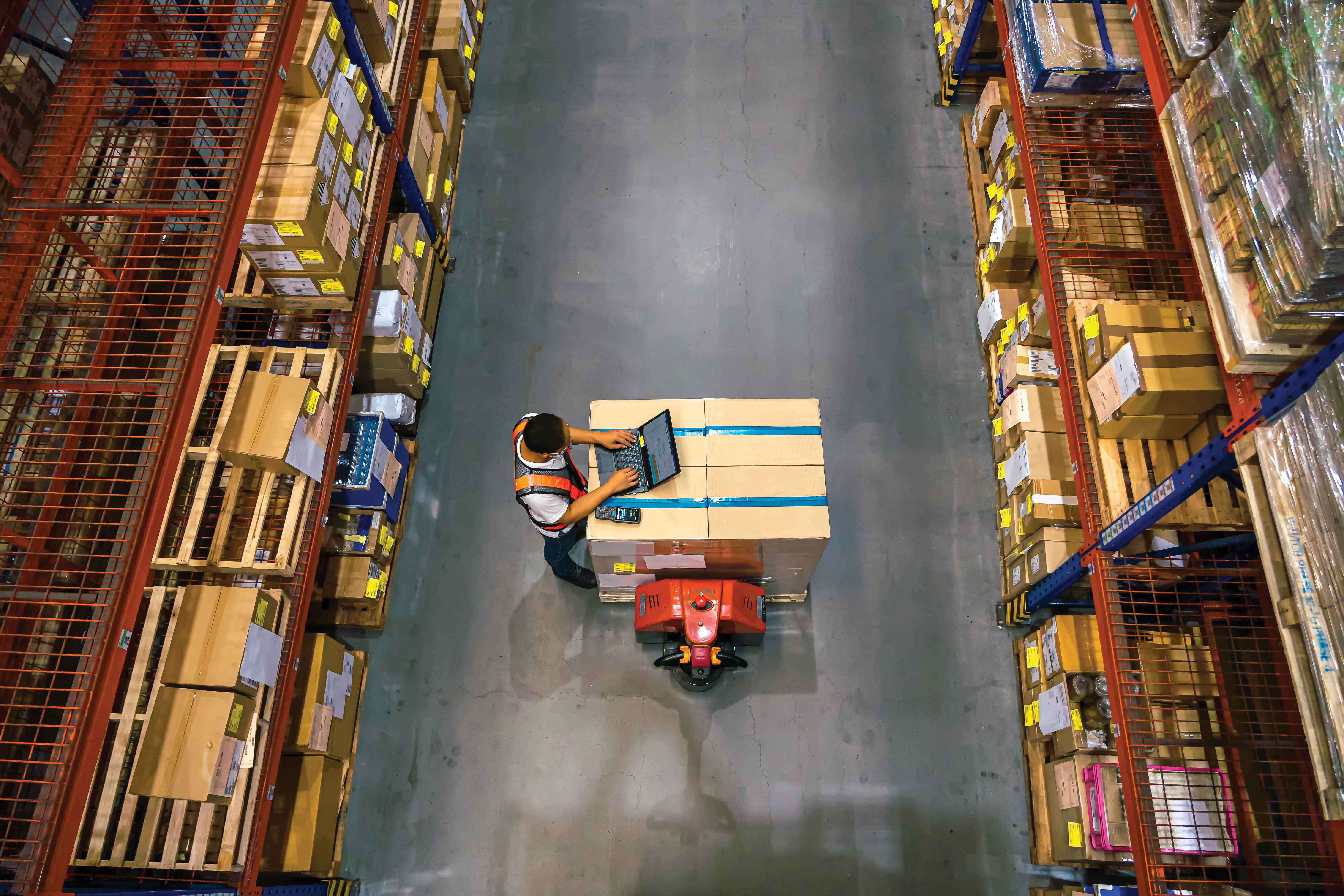 Picture that shows a warehouse worker standing on a pallet in a warehouse and working on laptop